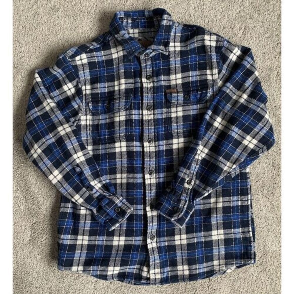 Men Orvis‎ Flannel Jacket Blue Plaid Heavy Cotton Pockets Shacket Medium